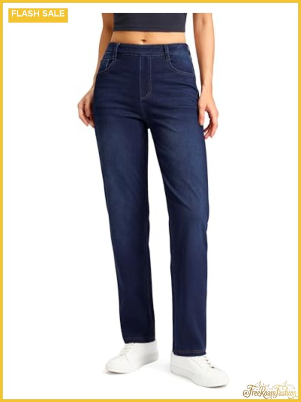 Stretchy High Waisted Pull On Straight Leg Jeans with Pockets